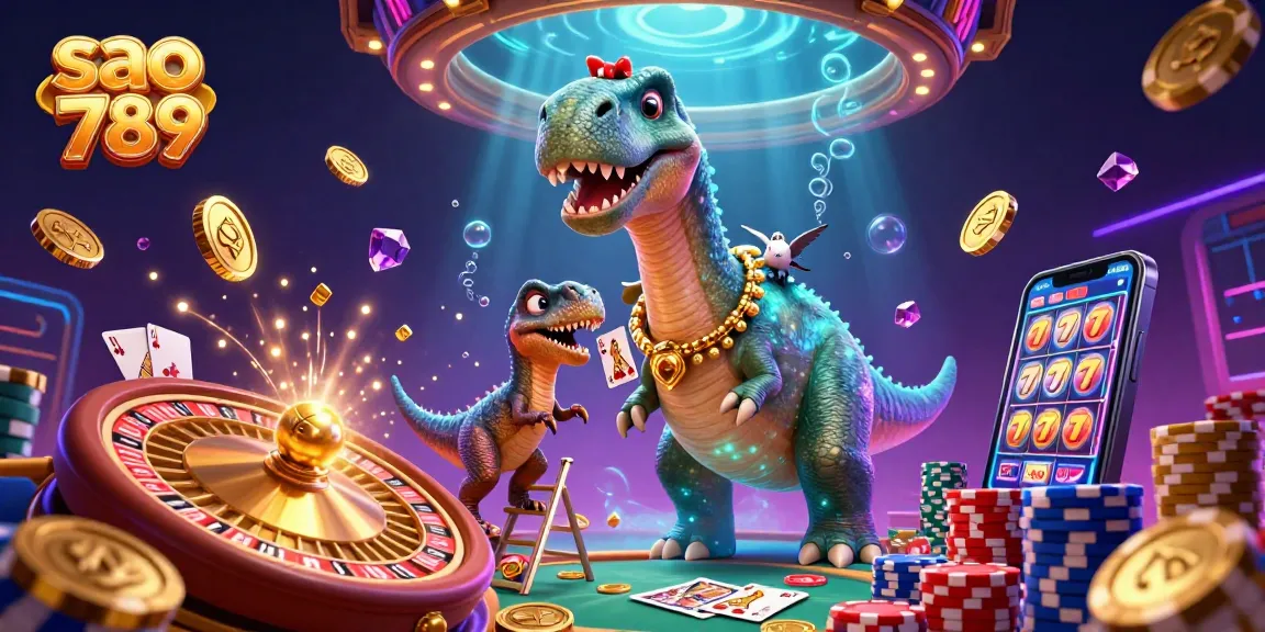Engage in thrilling action at sao 789 with a stunning 3D casino illustration featuring a brontosaurus and clever raptor.