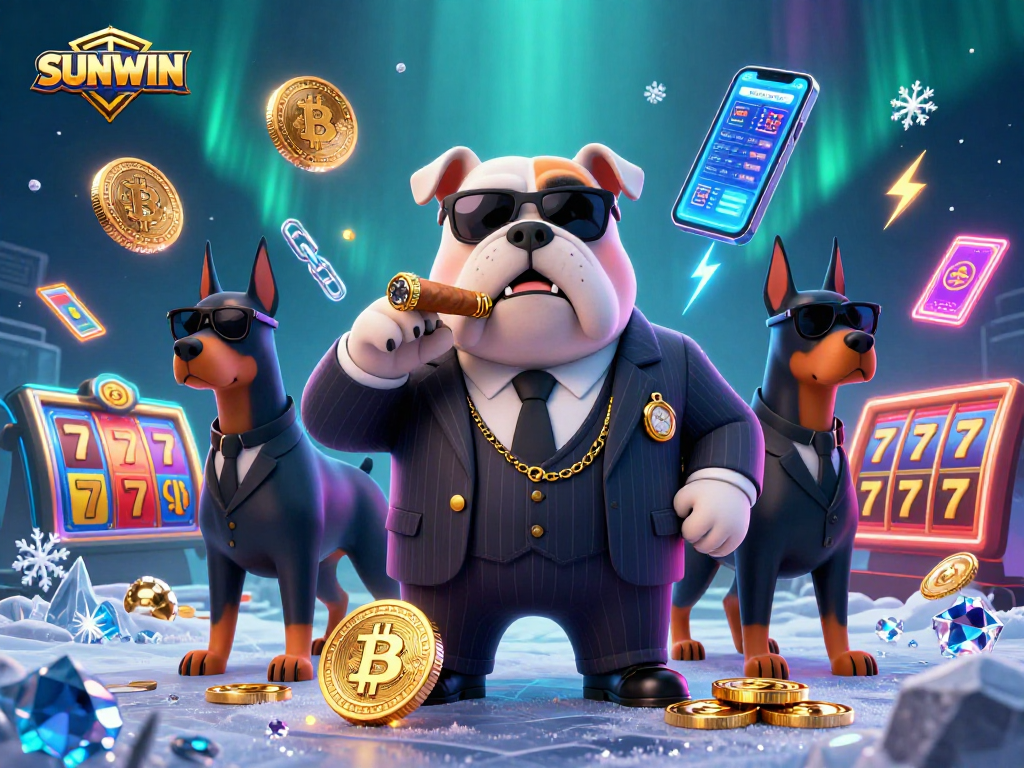 SUNWIN promotes thrilling gaming with colorful slots, cartoon mafia characters, and vibrant cryptocurrency elements.