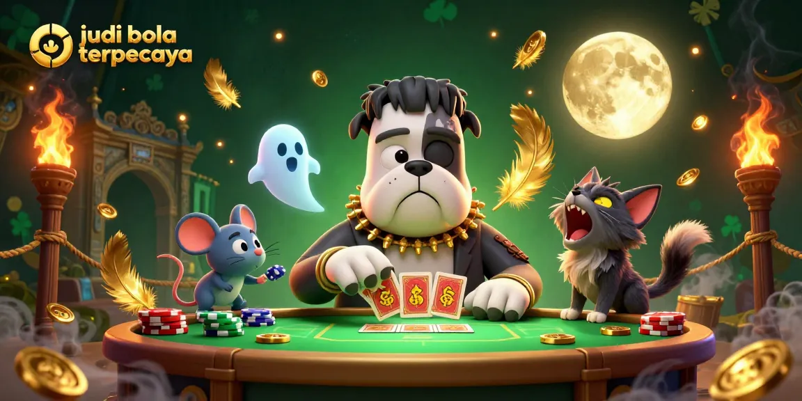 Experience thrilling action at judi bola terpercaya while a bulldog monster deals cards at a mystical table.