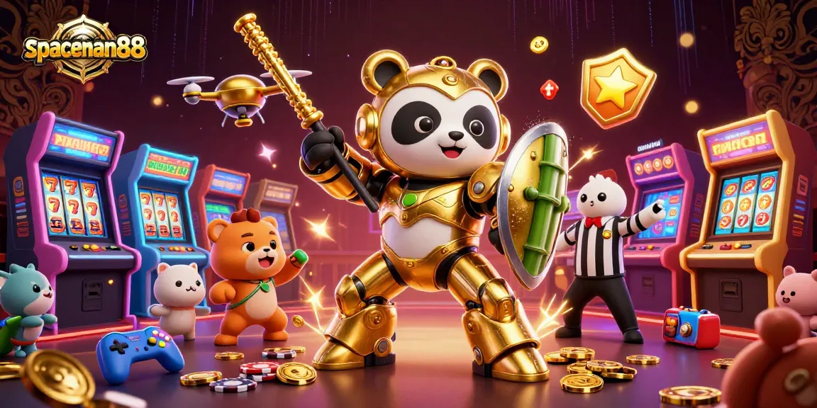 Witness the thrill of spaceman88 as the golden panda battles in a vibrant casino arena.