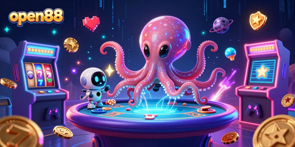 Experience winning strategies at open88 with a vibrant alien octopus and gaming elements.