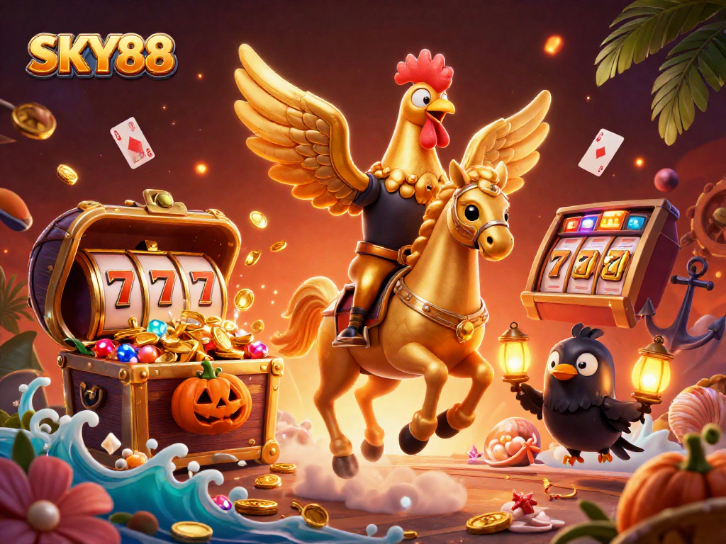 Experience thrilling gameplay at SKY88 with a golden rooster and friends lighting up a midnight casino.