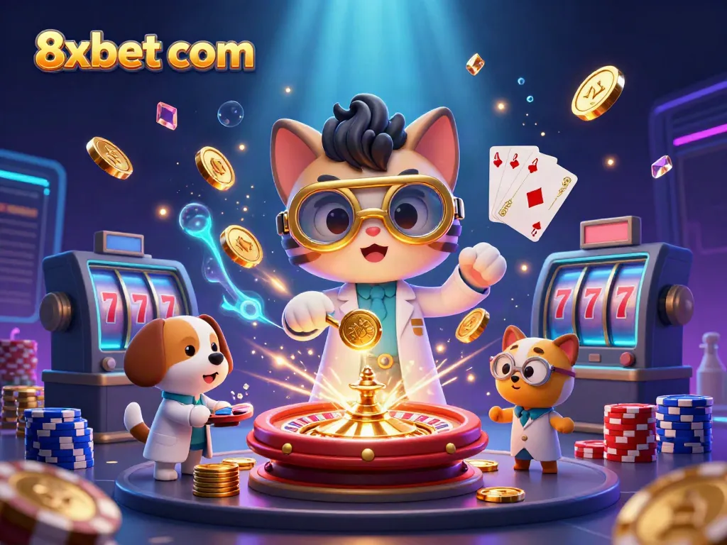 Engage with 8xbet com in this vibrant 3D casino scene, featuring animated characters and plenty of gambling excitement.
