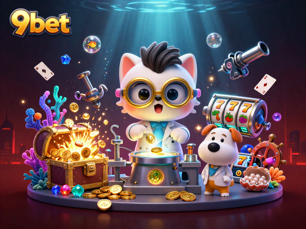 Experience thrilling wins with 9bet in a vibrant, gold-filled casino adventure scene.