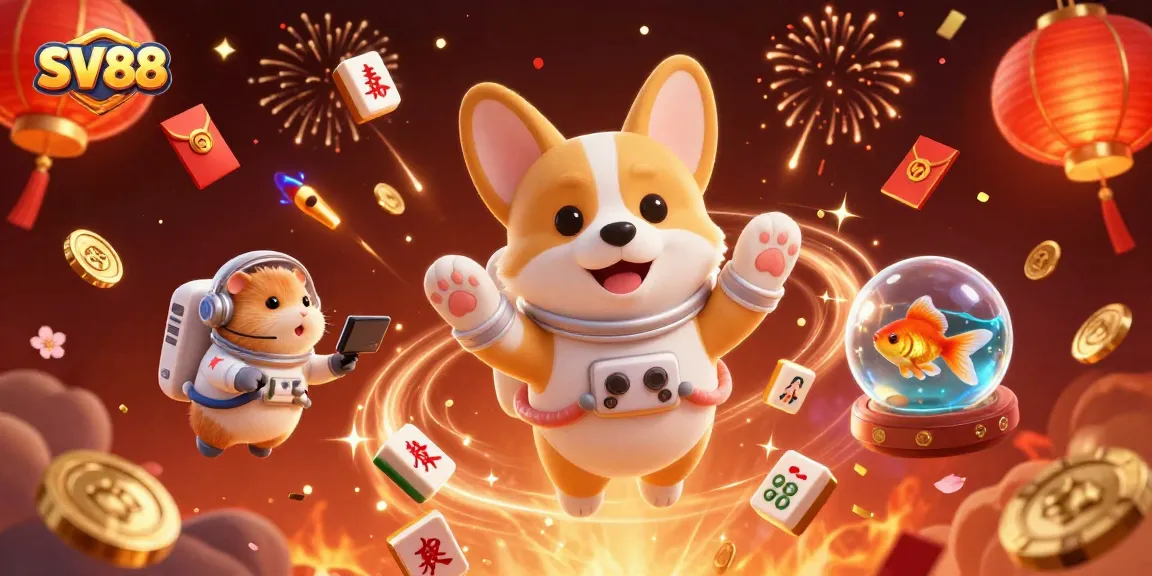 SV88 space casino illustration featuring a floating corgi astronaut, celebrating with poker chips and gold coins.