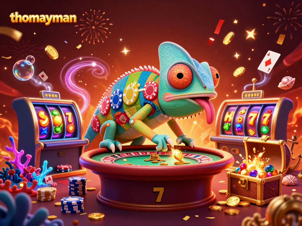 Engage in thrilling action at thomayman with an exhilarating casino scene featuring vibrant slot reels and a dynamic chameleon.
