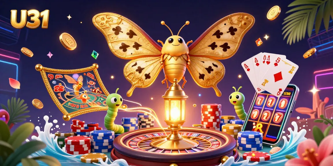 Experience the excitement of U31 with a vibrant 3D casino scene featuring a majestic atlas moth and golden casino elements.