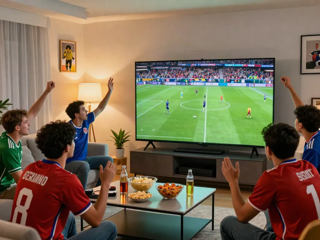Friends enjoying Thapcamtv while watching live football in a cozy setting.
