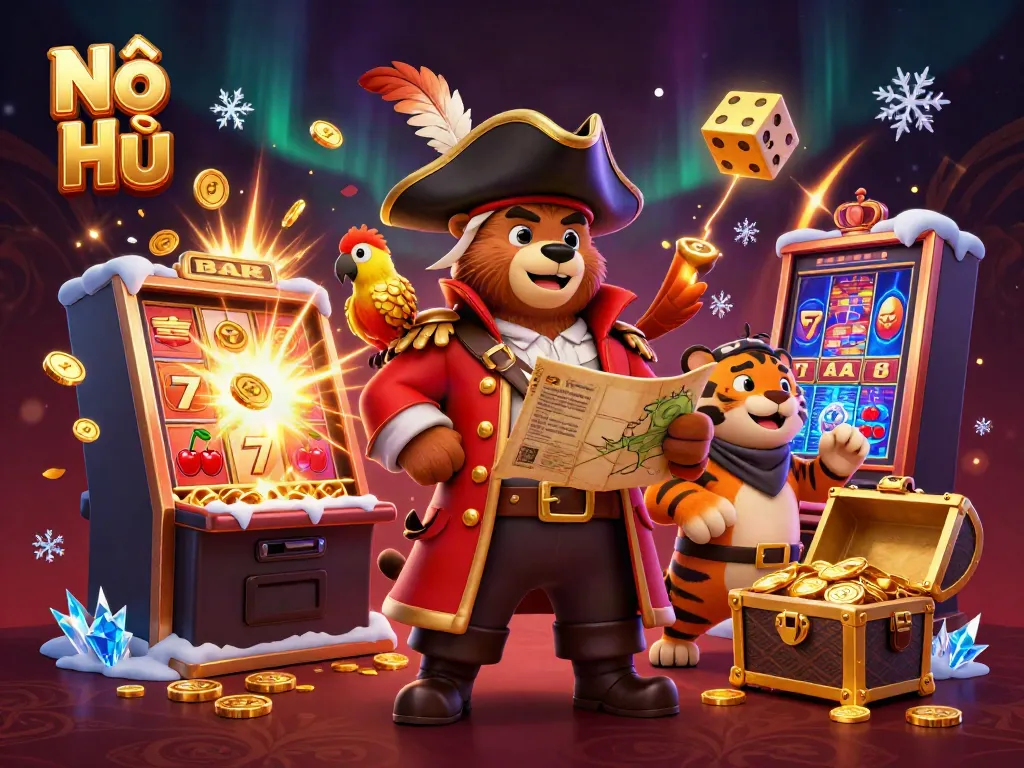 Nổ Hũ slots experience highlighted by pirate captain, treasure, and vibrant casino elements.