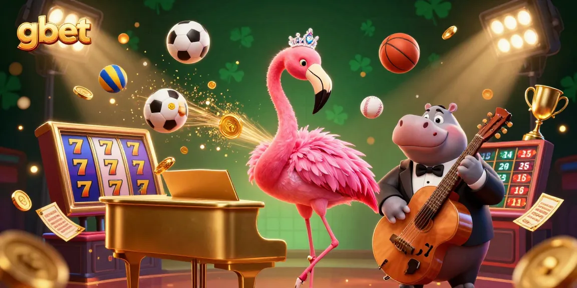 gbet showcases a vibrant casino scene with a flamingo singer and hippo bassist amid flying 3D sports balls and slot reels.