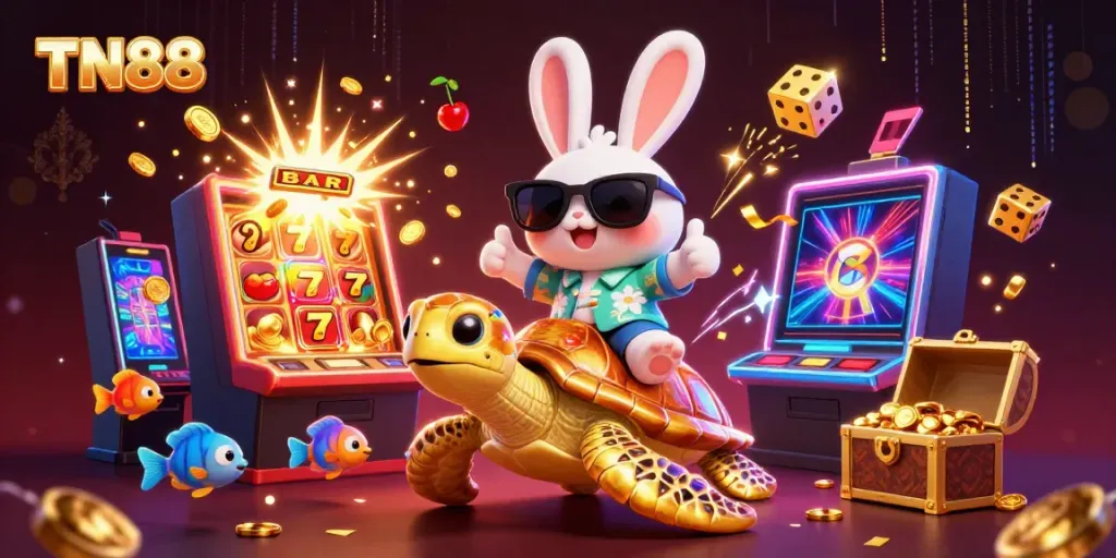 Experience excitement at TN88 with a lucky rabbit and a golden turtle amidst slot machines and vibrant fish.