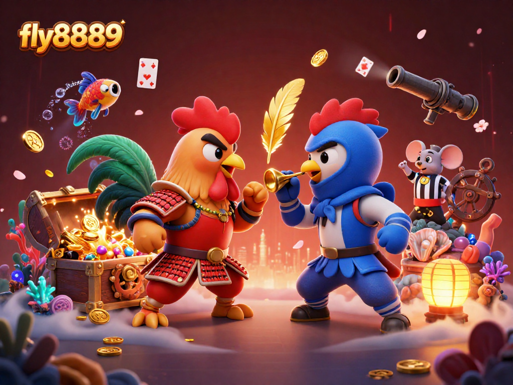 Experience thrilling cockfighting action in fly8889 with twin roosters battling under dramatic lighting.