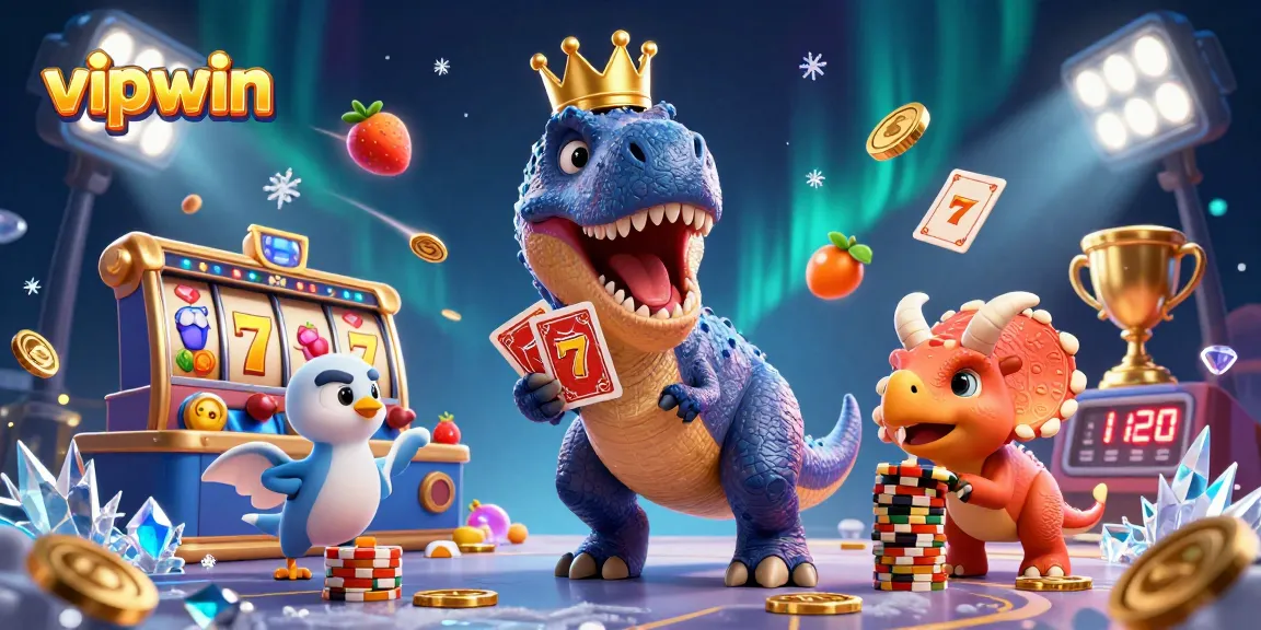Engage with vipwin's thrilling slots through a playful dinosaur and dynamic casino elements.