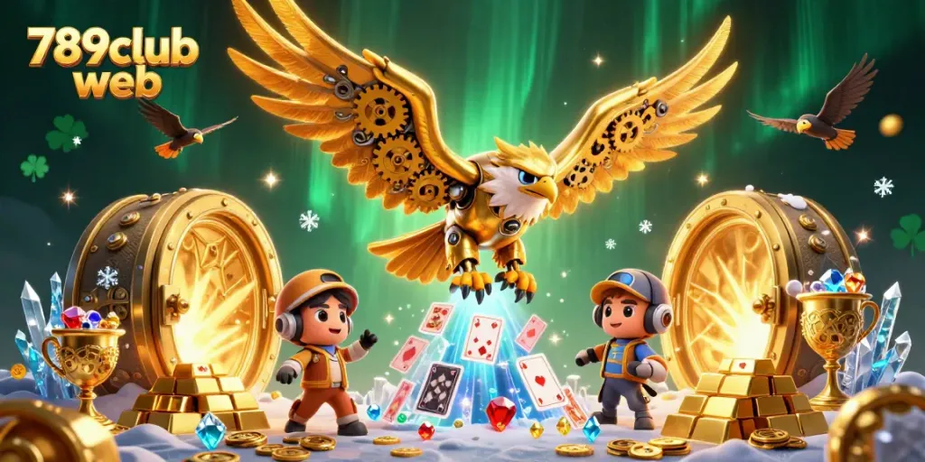Experience thrilling action in the 789club web, as a cybernetic eagle dives through cascading cards and treasures.