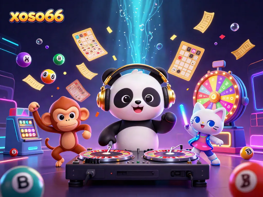 Engage with xoso66 by enjoying a vibrant 3D casino scene featuring a DJ panda and lively game elements.