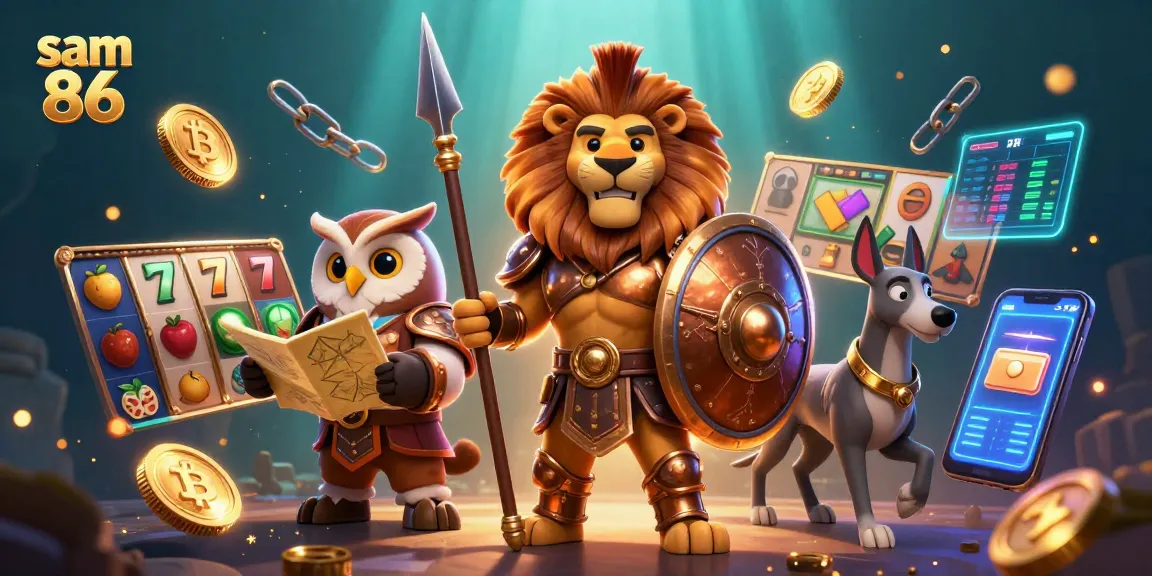 Experience thrilling gameplay at sam 86 with a dynamic illustration of 3D characters and vibrant casino elements.