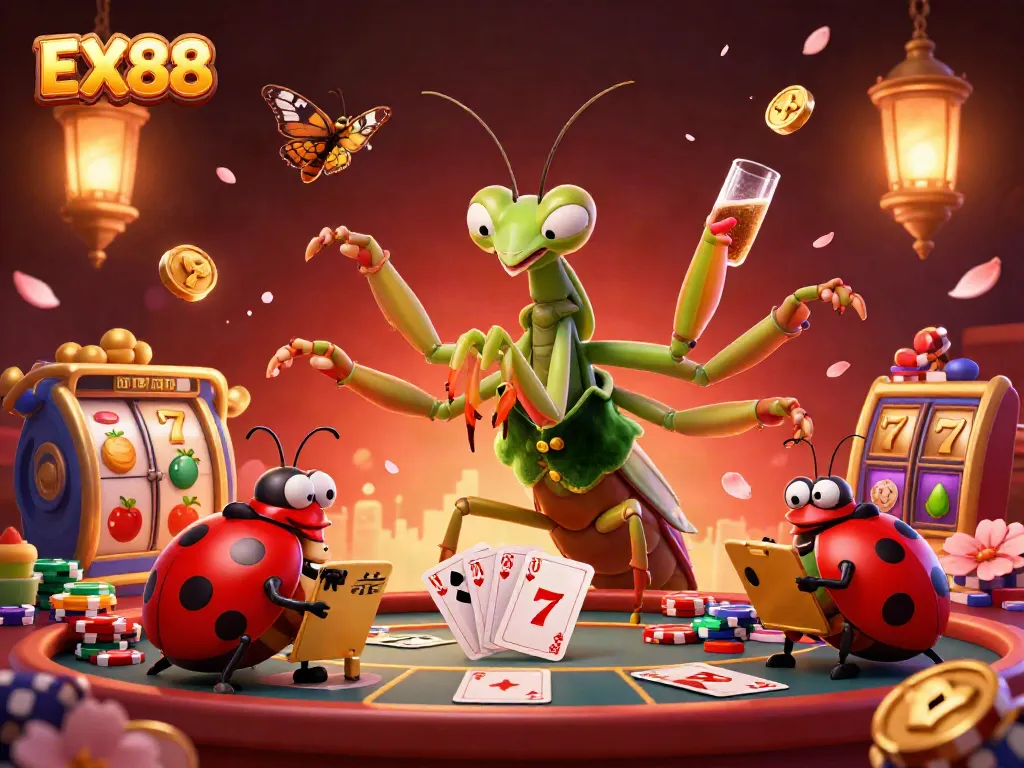 Engage in thrilling casino action with EX88, as a giant mantis card sharp and ladybug pit boss animate the excitement of gambling.