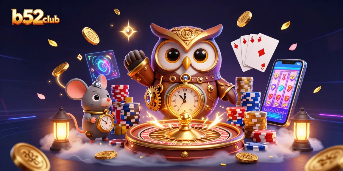 B52club brings exciting gaming with a whimsical time-traveler owl character and vibrant casino elements.