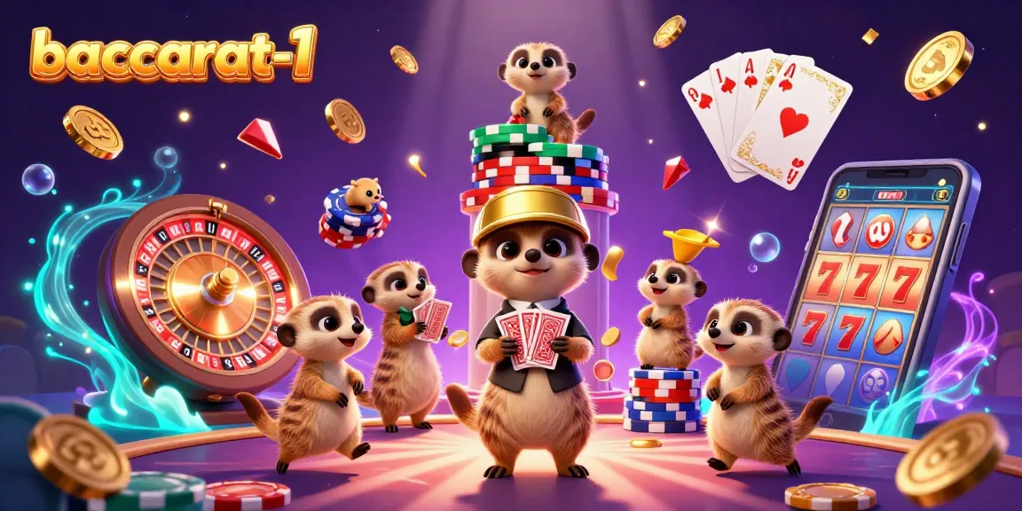 Baccarat-1's thrilling 3D cartoon scene of meerkats running a vibrant casino with gold coins and roulette wheel effects.