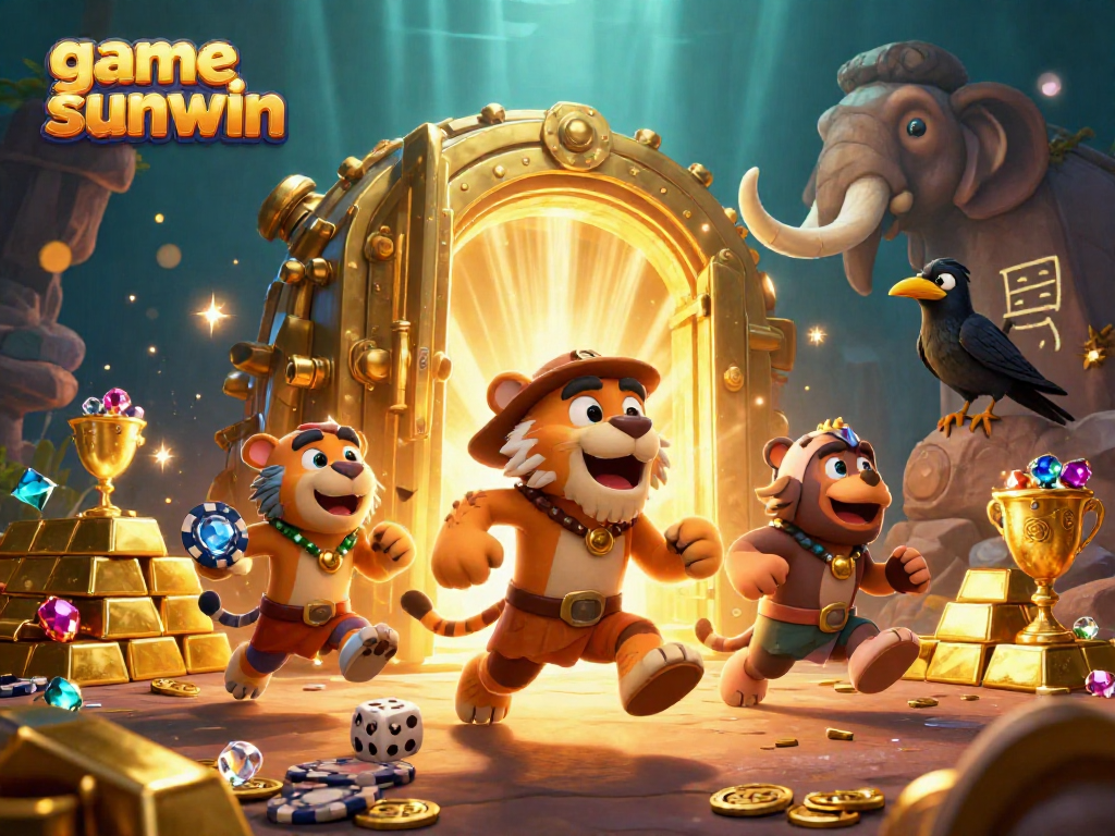 Experience the excitement of game sunwin with vivid treasures in a lively prehistoric casino scene.