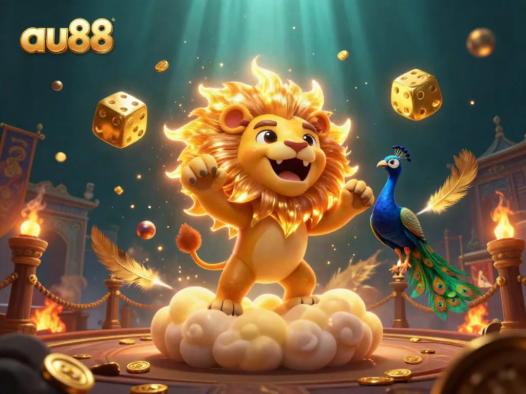 au88 showcases dynamic casino action with a roaring lion, golden dice, and vibrant gaming elements