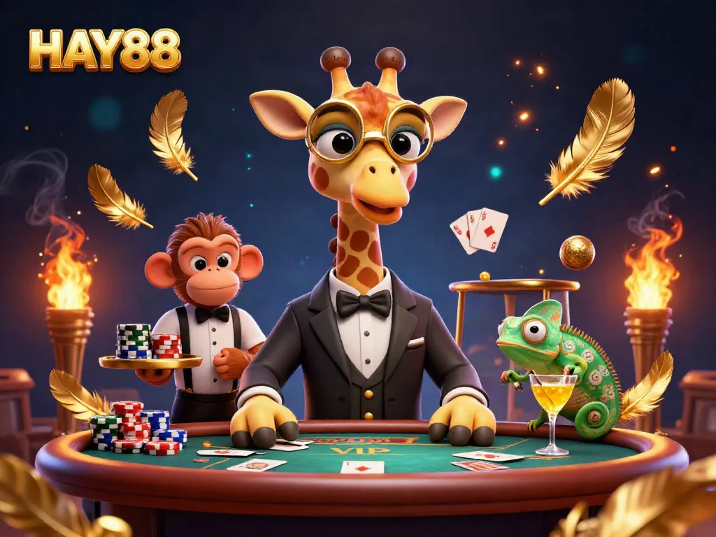 Experience HAY88’s vibrant casino atmosphere with a giraffe, monkey, and chameleon animatedly engaging at a poker table.