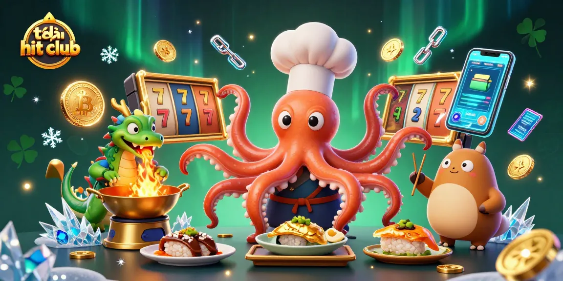 Engage with exciting games at tải hit club, featuring a vibrant scene of a sushi chef octopus and dragon.