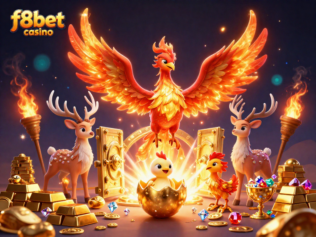 Experience the thrill of f8bet casino with dynamic gaming elements and mythical characters in this vivid illustration.
