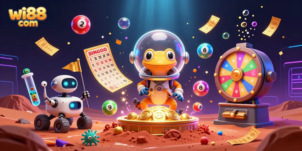 Win big at wi88 com with vibrant lottery and casino activities illustrated in a fun 3D style.