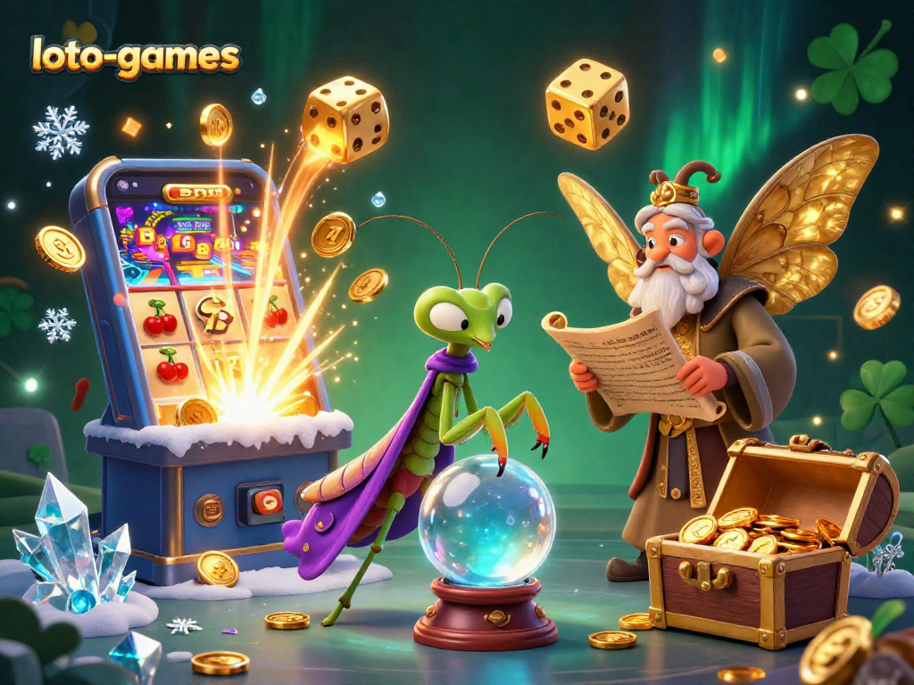 Loto-games presents a vibrant casino scene featuring a fortune teller and a librarian amid thrilling gaming elements.