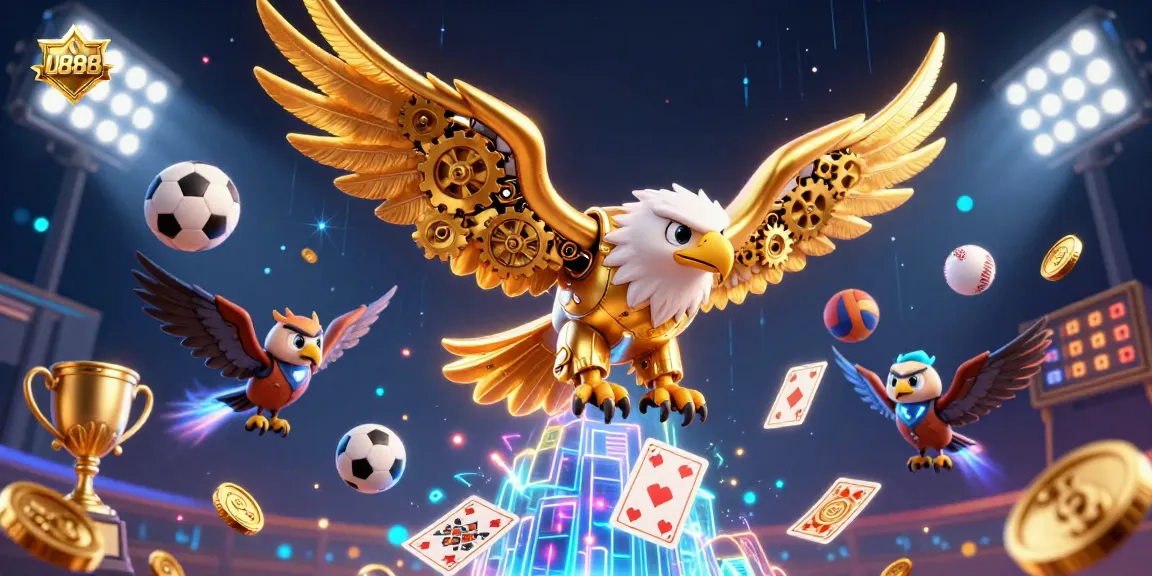 Experience thrilling gameplay at U888 with a cybernetic eagle soaring amidst sports balls and dynamic casino elements.
