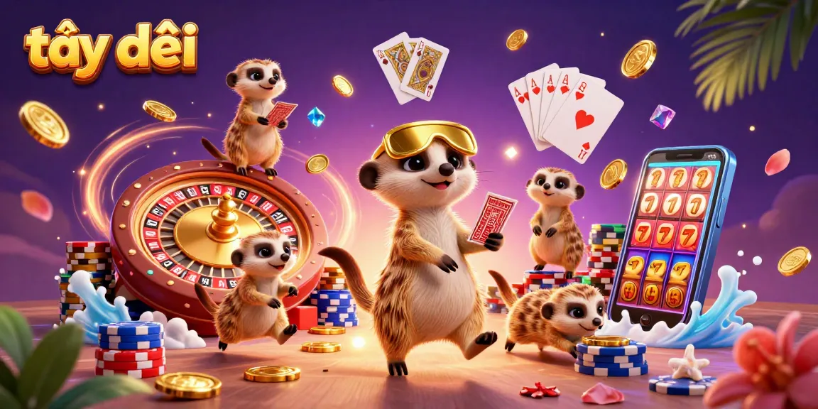 An engaging scene of meerkats managing a casino operation at tại đây, featuring dynamic gaming elements and colorful decorations.