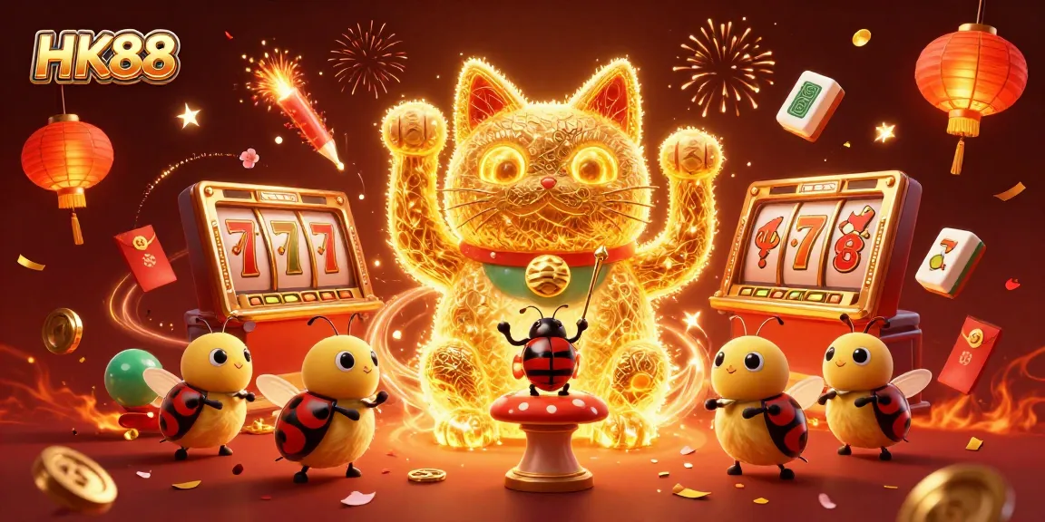 Experience the thrill of HK88 with vibrant visuals of a lucky cat, casino symbols, and festive elements.