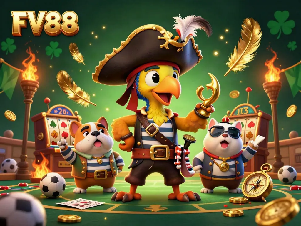 Experience thrilling gameplay with FV88 alongside a pirate captain and bulldog in a vibrant gambling scene.