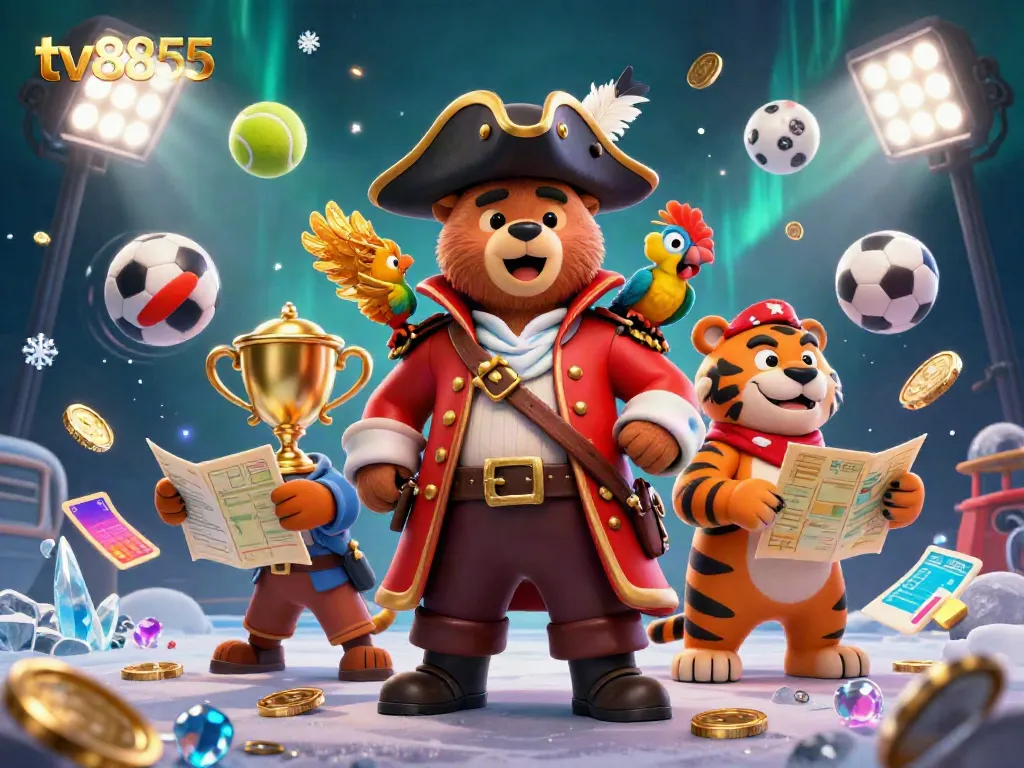 Engage with thrilling games at tv8855, featuring a dynamic pirate captain and tiger surrounded by sports balls.
