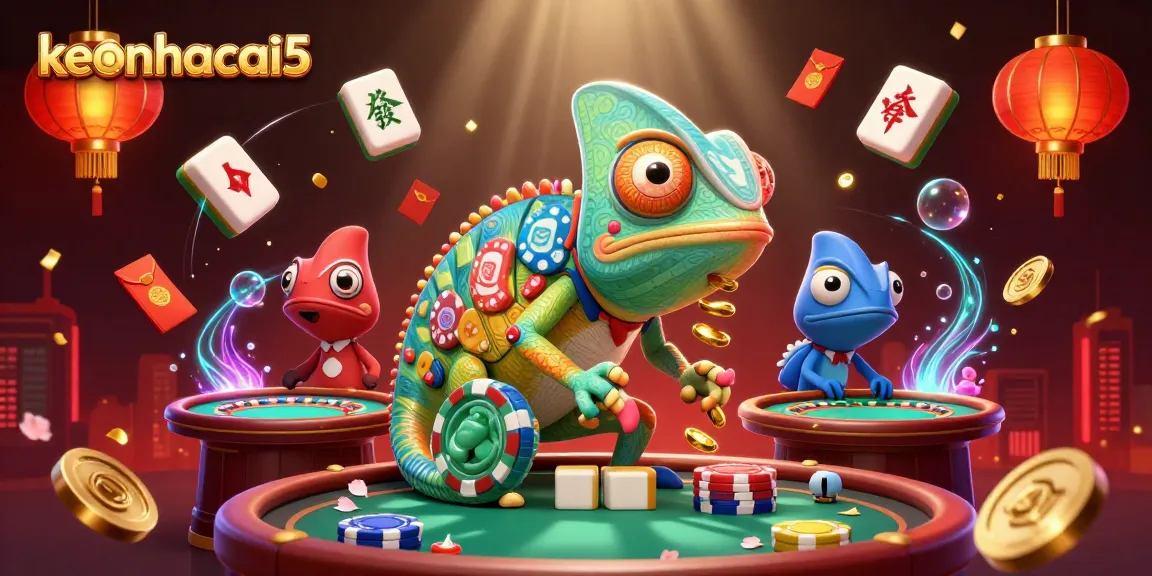 Engage with keonhacai5 as the chameleon owner dazzles in a vibrant casino scene.