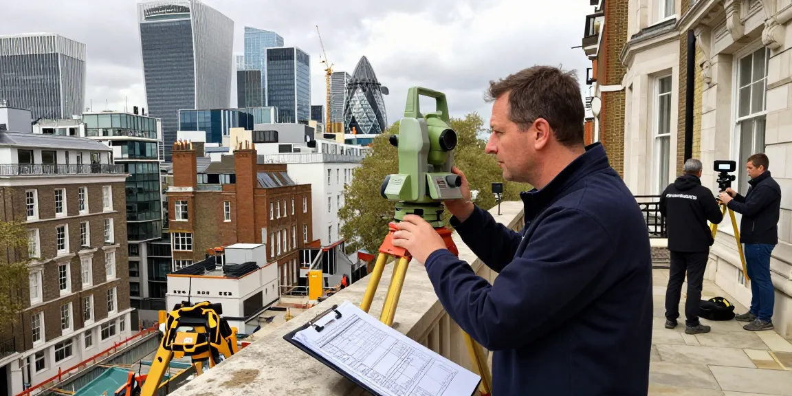Measured building surveys London with professional surveyor using advanced tools.