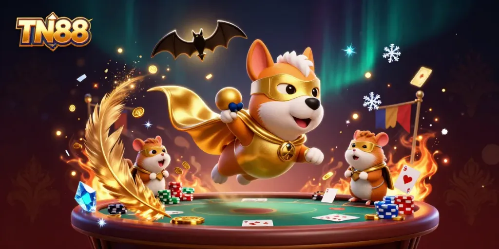 Engaging scene with TN88 superhero dog flying over a poker table surrounded by gold coins and vibrant casino elements.