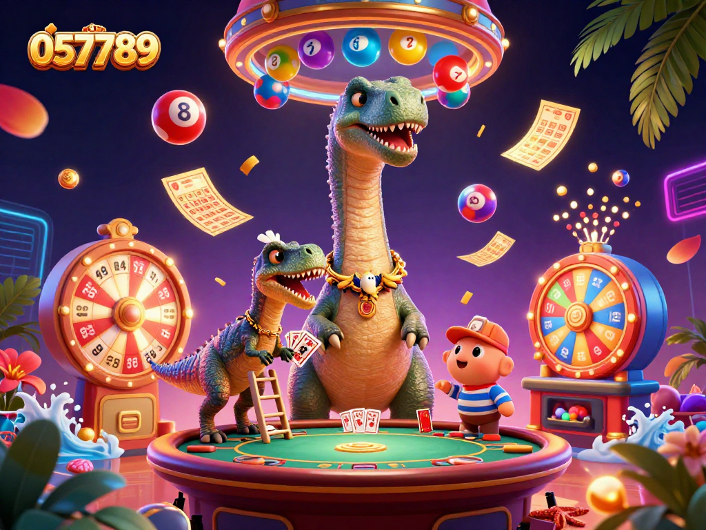 Play at 057789 Casino with vibrant characters and thrilling gaming elements in a dynamic illustration.