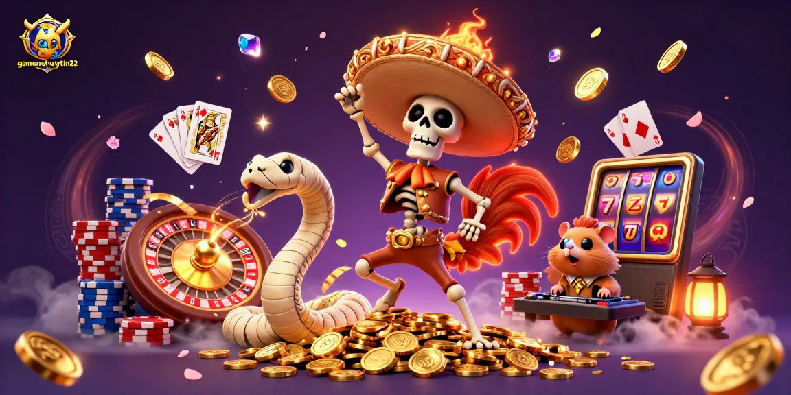 Spin with excitement at gamenohuuytin22 as the mariachi rooster celebrates on golden coins amidst vibrant casino chaos.