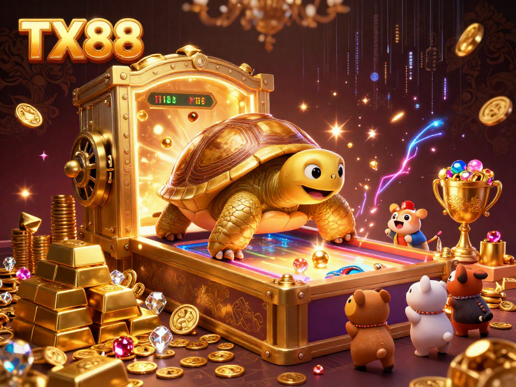 Engage with TX88's exciting gaming experience featuring a colossal tortoise pinball machine and treasure.
