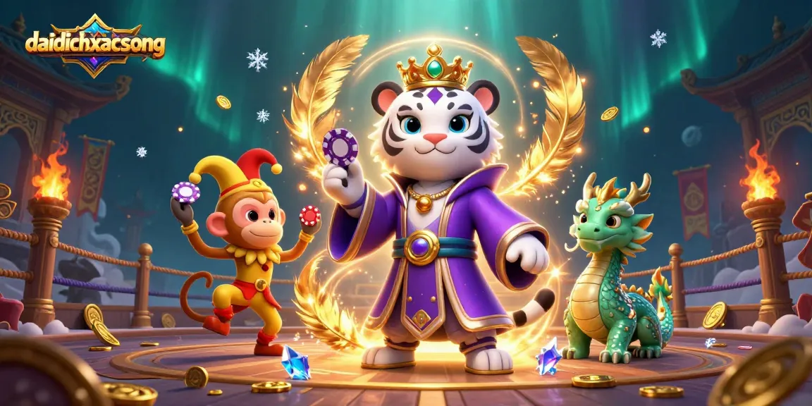 Experience the thrill of daidichxacsong as the cartoon white tiger and friends juggle poker chips amidst vibrant casino elements.