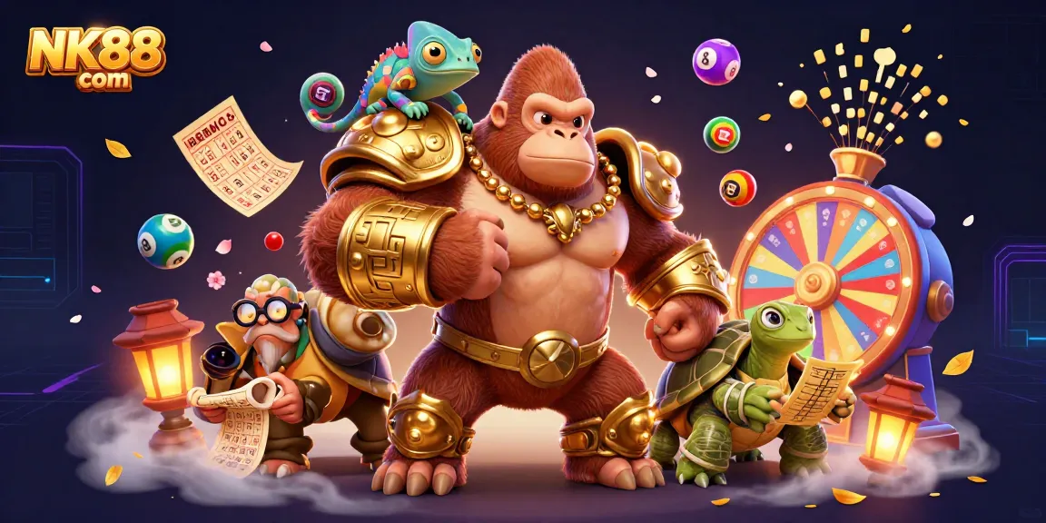 Experience excitement with NK88 com as the gorilla king leads the game surrounded by vibrant lottery elements.