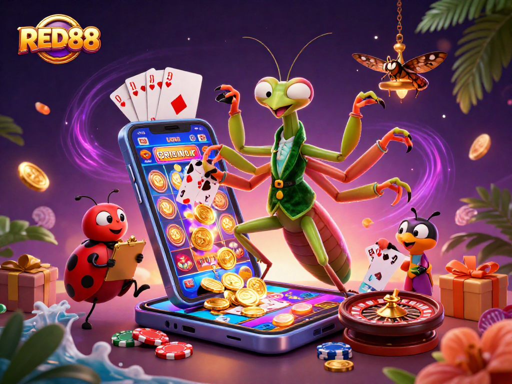 Play exciting games with RED88 featuring a giant mantis dealer and vibrant casino elements.