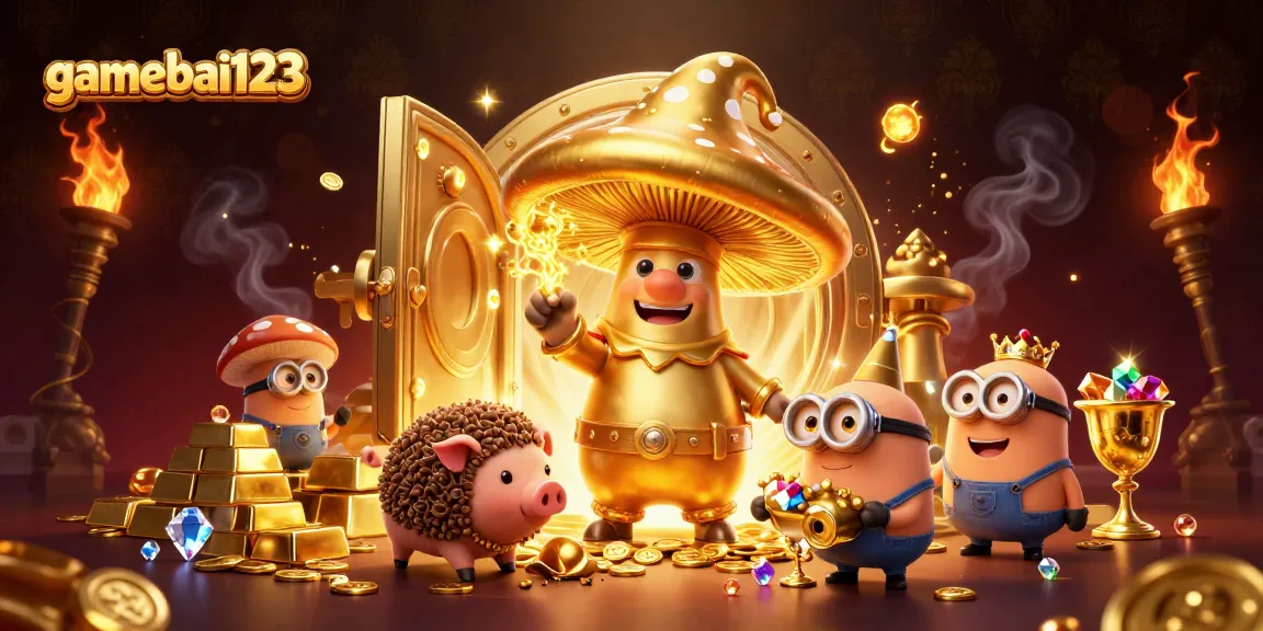 Experience the magic of gamebai123 with a golden mushroom wizard and treasure in this vibrant 3D casino scene.