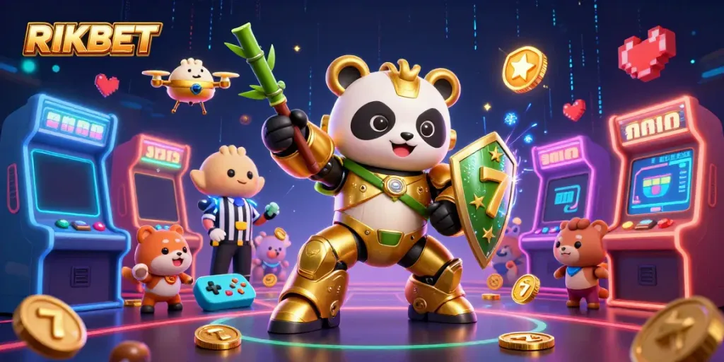 Engage with RIKBET in a thrilling arcade battle featuring a mech-suit panda and vibrant game elements.