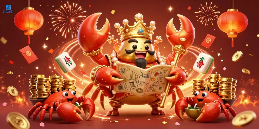 Sunwin features a golden crab emperor surrounded by vibrant casino elements and celebratory visuals.