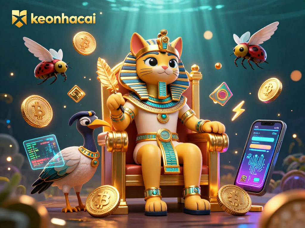 Experience keonhacai action in a vibrant cartoon casino with crypto elements and a regal pharaoh cat.