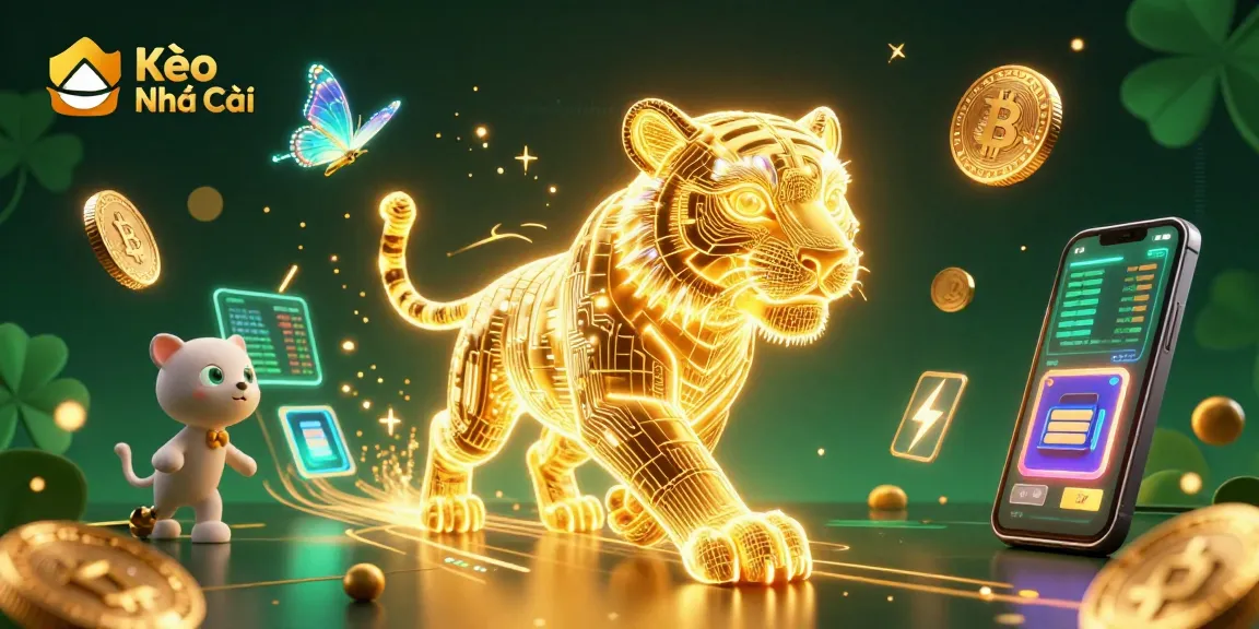 Kèo Nhà Cái brings you a vibrant digital casino landscape featuring a glowing tiger and crypto elements.