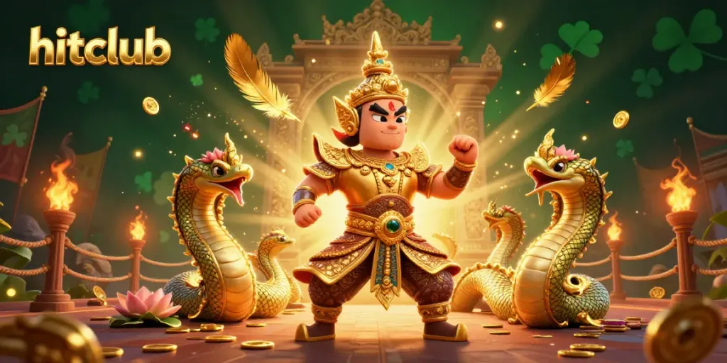 Experience excitement at hitclub with vibrant guardians and golden treasures in this casino illustration.